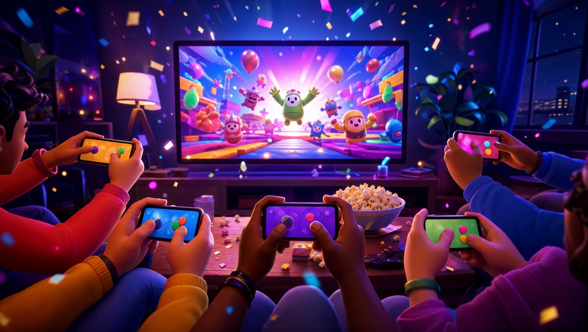Friends at a party, lit by neon